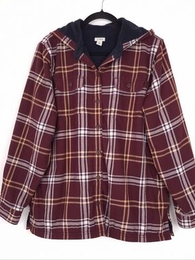 LL Bean Fleece Lined Flannel Hoodie shirt jacket button up cabin outdoor plaid